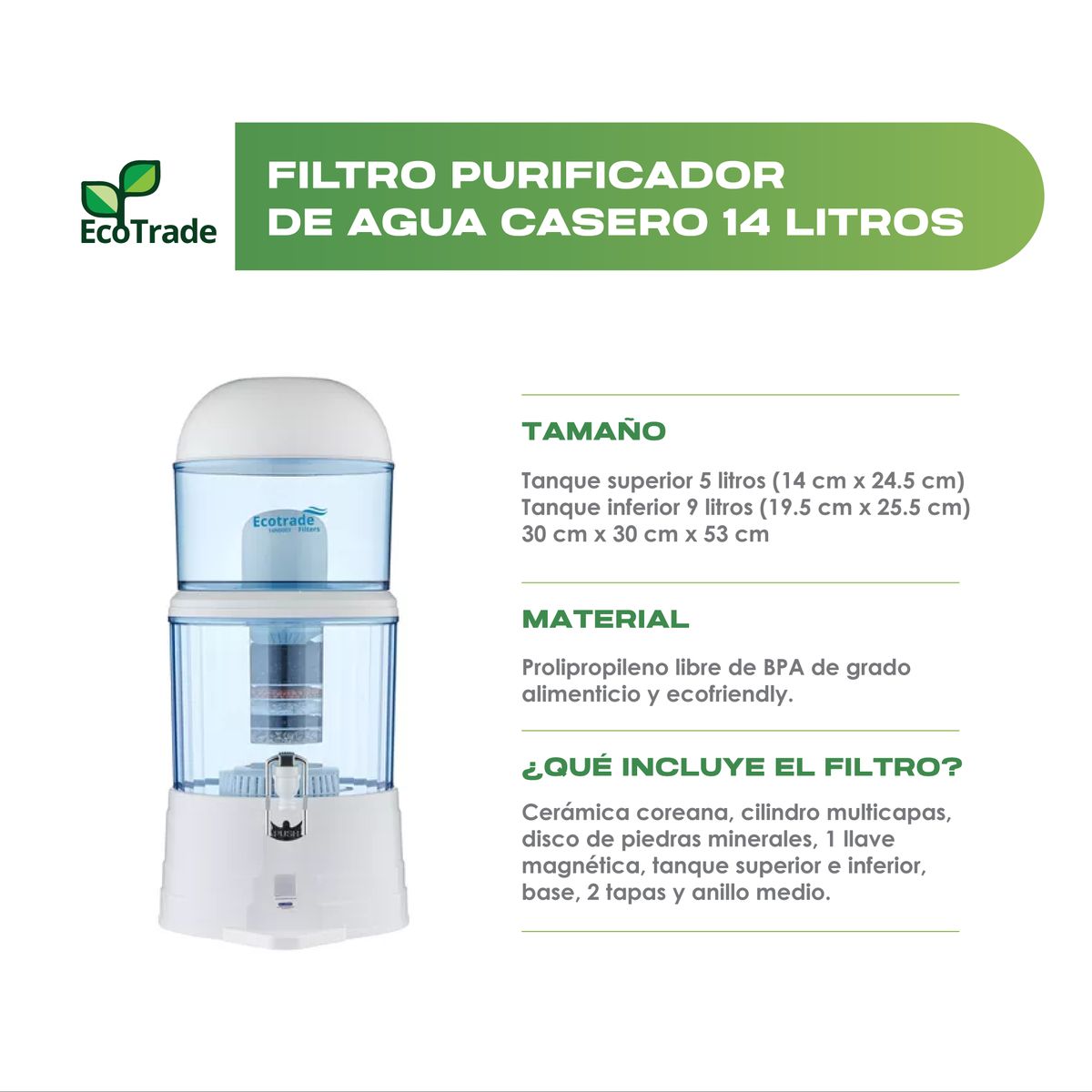 ECOTRADE FILTERS - Filtro Purificador De Agua Casero 14 Litros Ecotrade