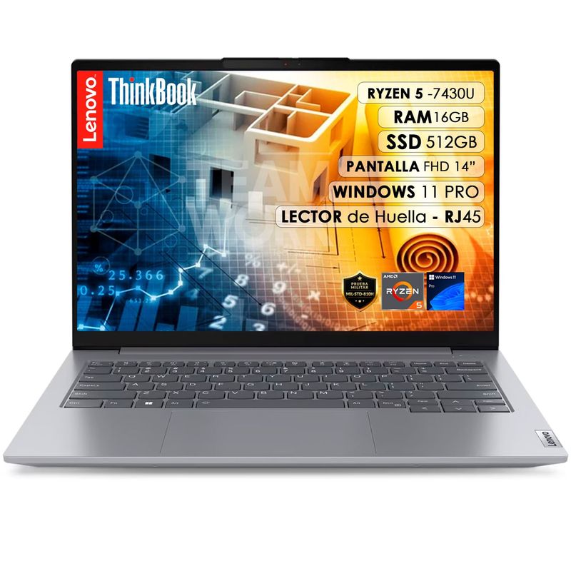 LENOVO - Portatil LENOVO ThinkBook 14 G6 Amd Ryzen 5 7430U Ssd 512Gb Ddr4 16Gb 14" Gris Win 11Pro
