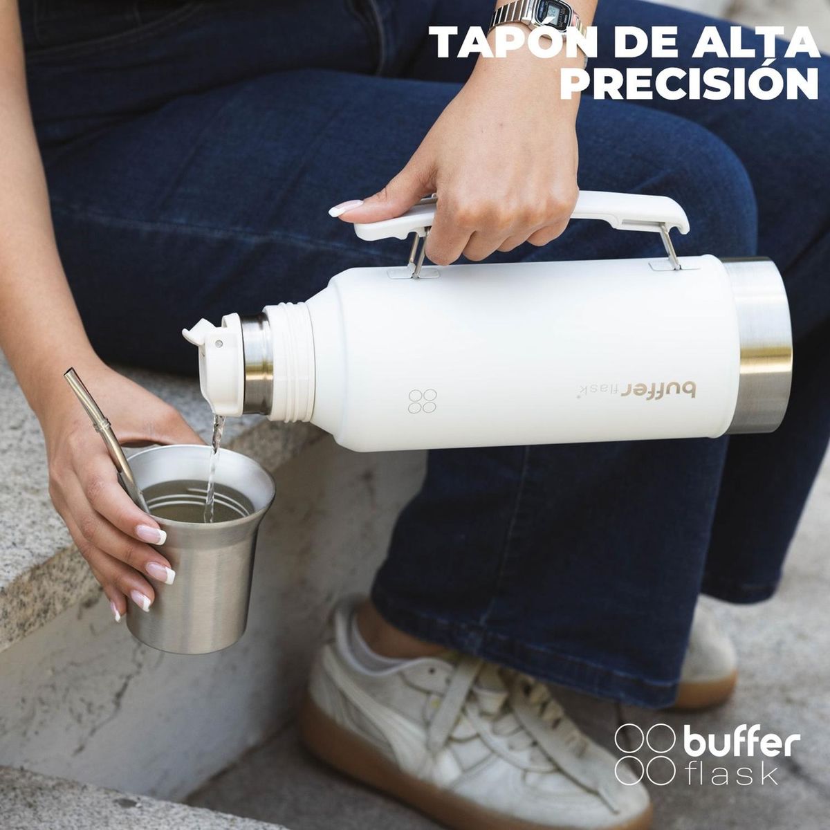 BUFFER FLASK - Termo Mate 1,2 lt + Vaso Matero Buffer Acero Inoxidable - Blanco