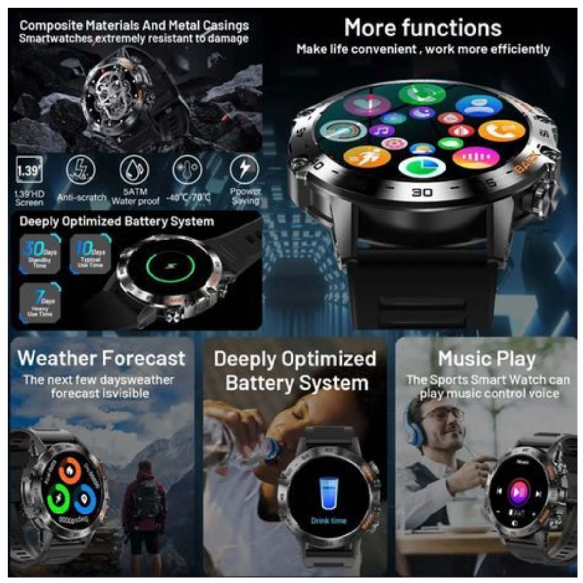 AMERICAN GENERICS - Reloj Inteligente Para Hombre Deportivo Militar GPS SIRI Smartwatch