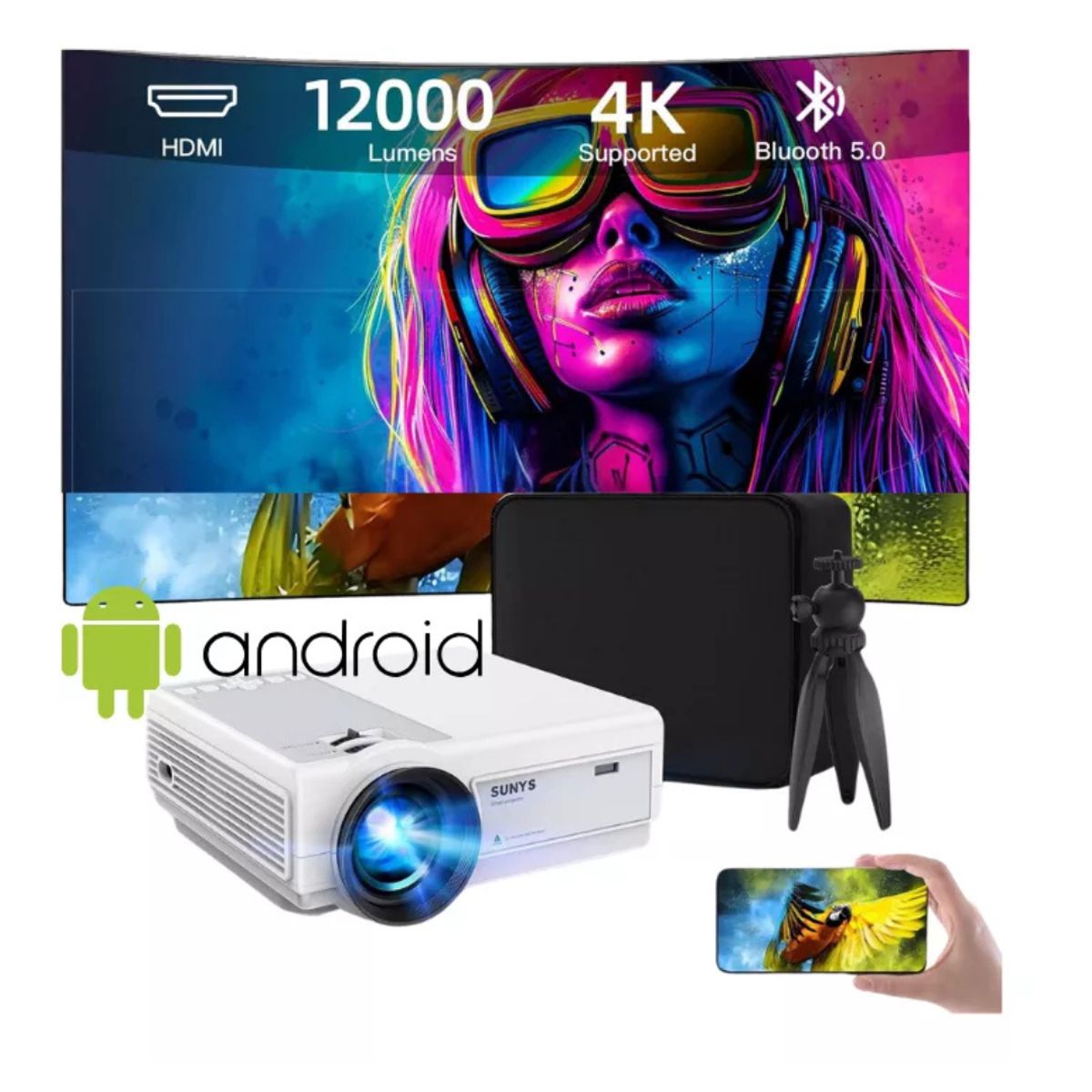 VISION - Proyector Android con Bluetooth Maletín y Trípode incluido