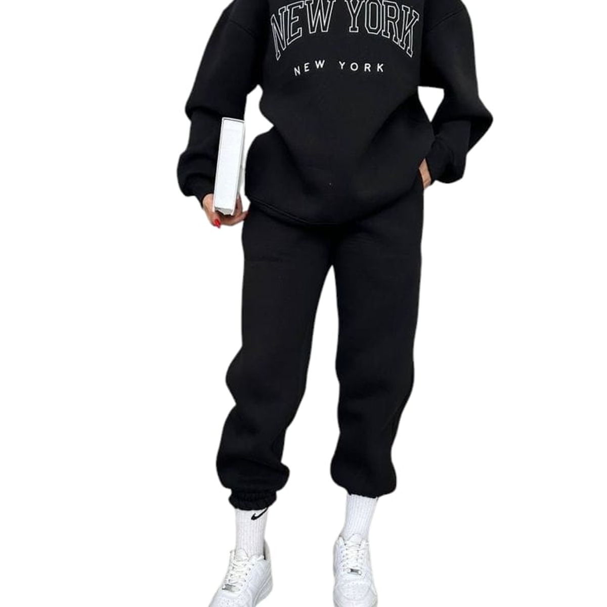 URBAN PLUS - conjunto mujer buzo y pantalon negro sudadera new york