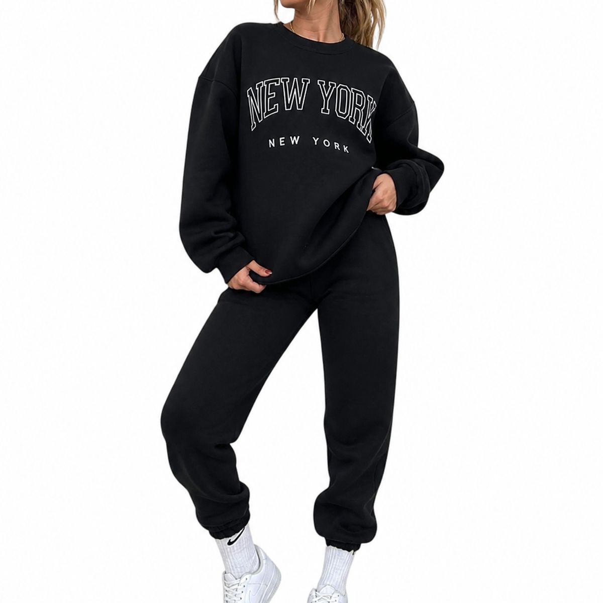 URBAN PLUS - conjunto mujer buzo y pantalon negro sudadera new york