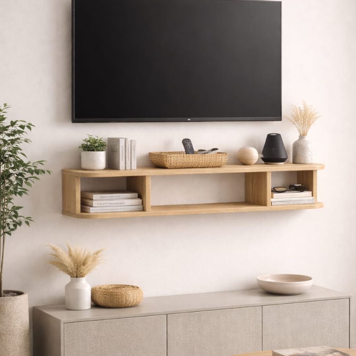 GENERICO - Repisa Flotante Tv Nórdica De 90cm Con Pasa Cable Olmo