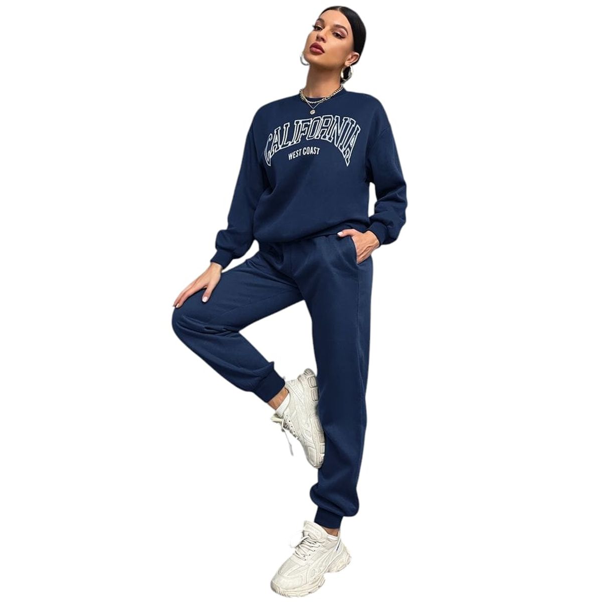 URBAN PLUS - conjunto mujer sudadera azul oscuro estampado california