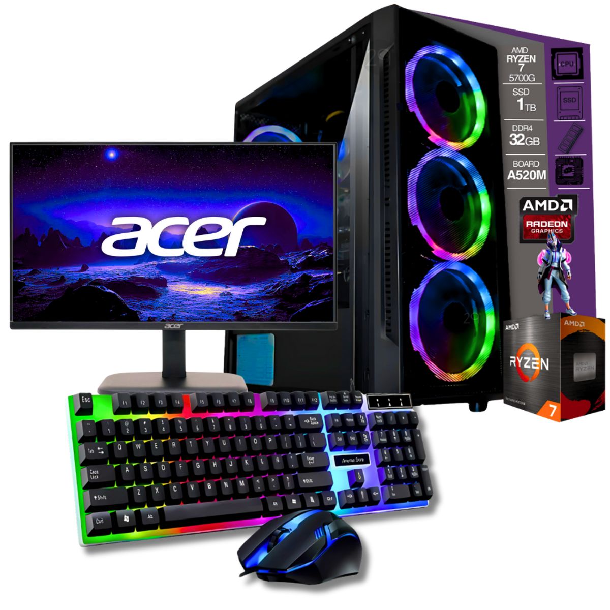 AMD - TORRE GAMER RYZEN 7 5700G/ 32GB RAM /1TB SSD/ BOARD A520M/ MONITOR 22" FHD LED