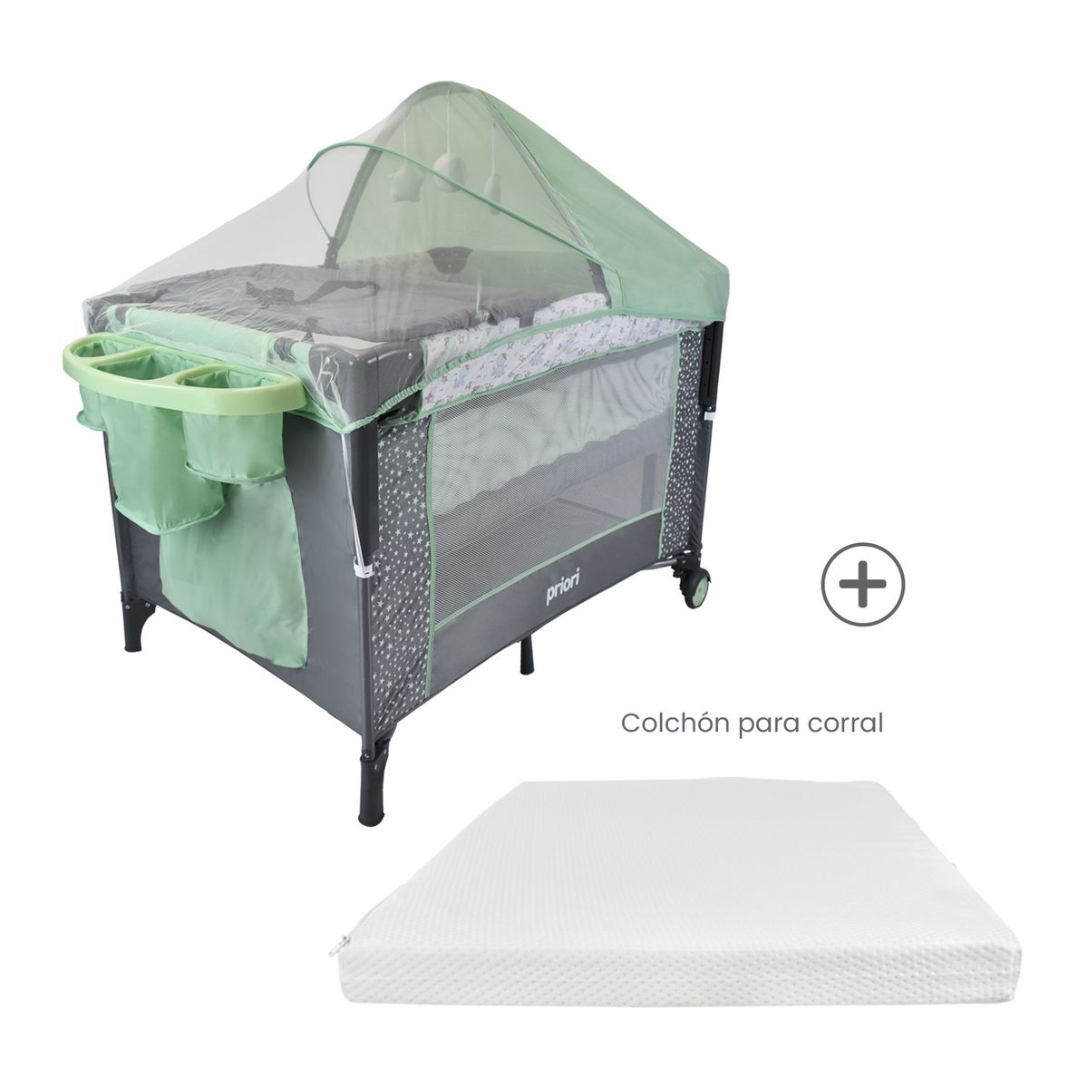 PRIORI - Combo Cuna Colecho Ariel Verde+Colchón Ortopédico PB2384
