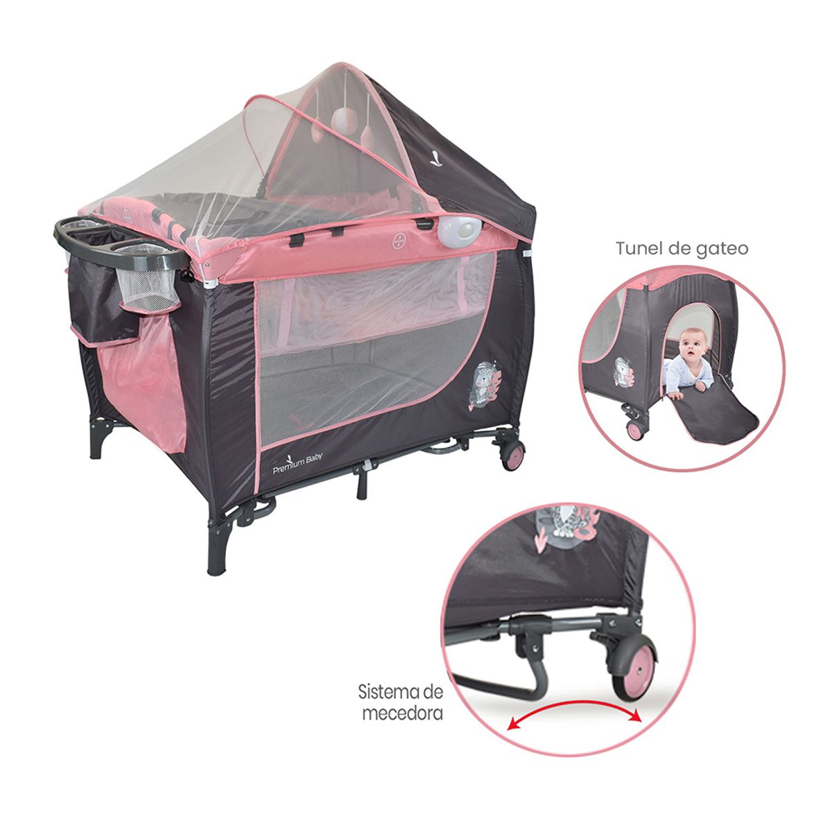 PRIORI - Combo Cuna Mecedora Nápoles Rosa + Colchón Ortopédico PB2385