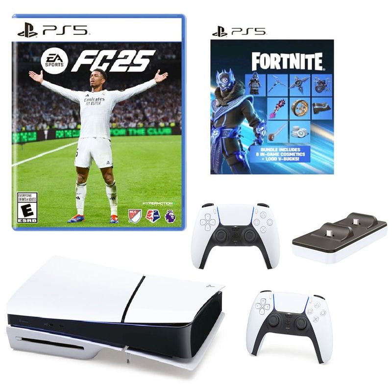 SONY - Consola Ps5 Slim1TB+2 Mandos+Fc 25+ Fornite+Cargador Dobe