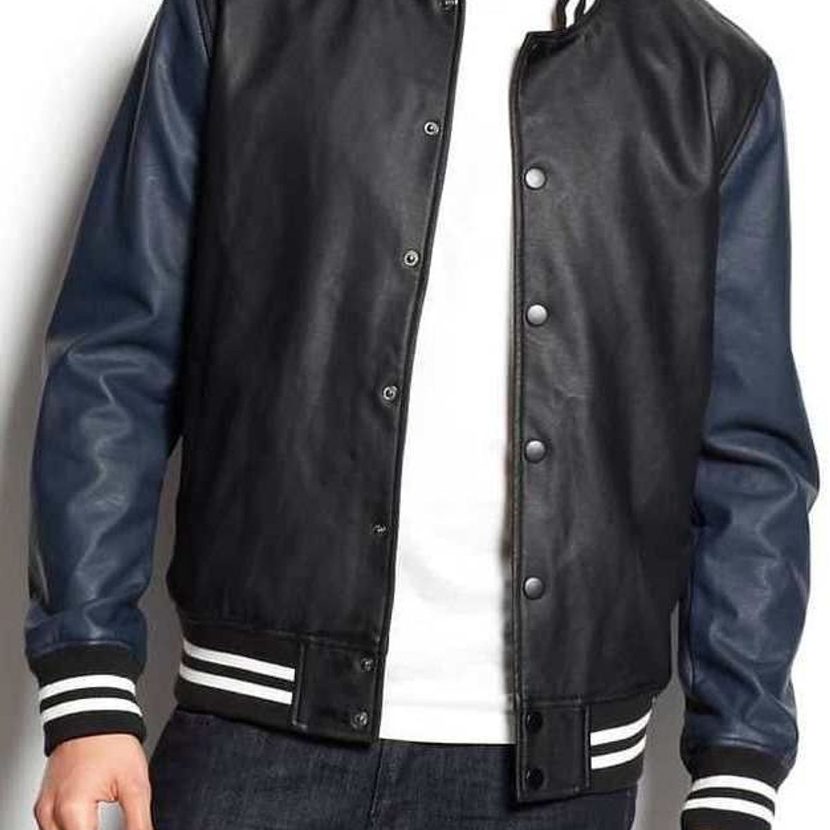 URBAN PLUS - Chaqueta hombre beisbolera negra azul cuero sintético