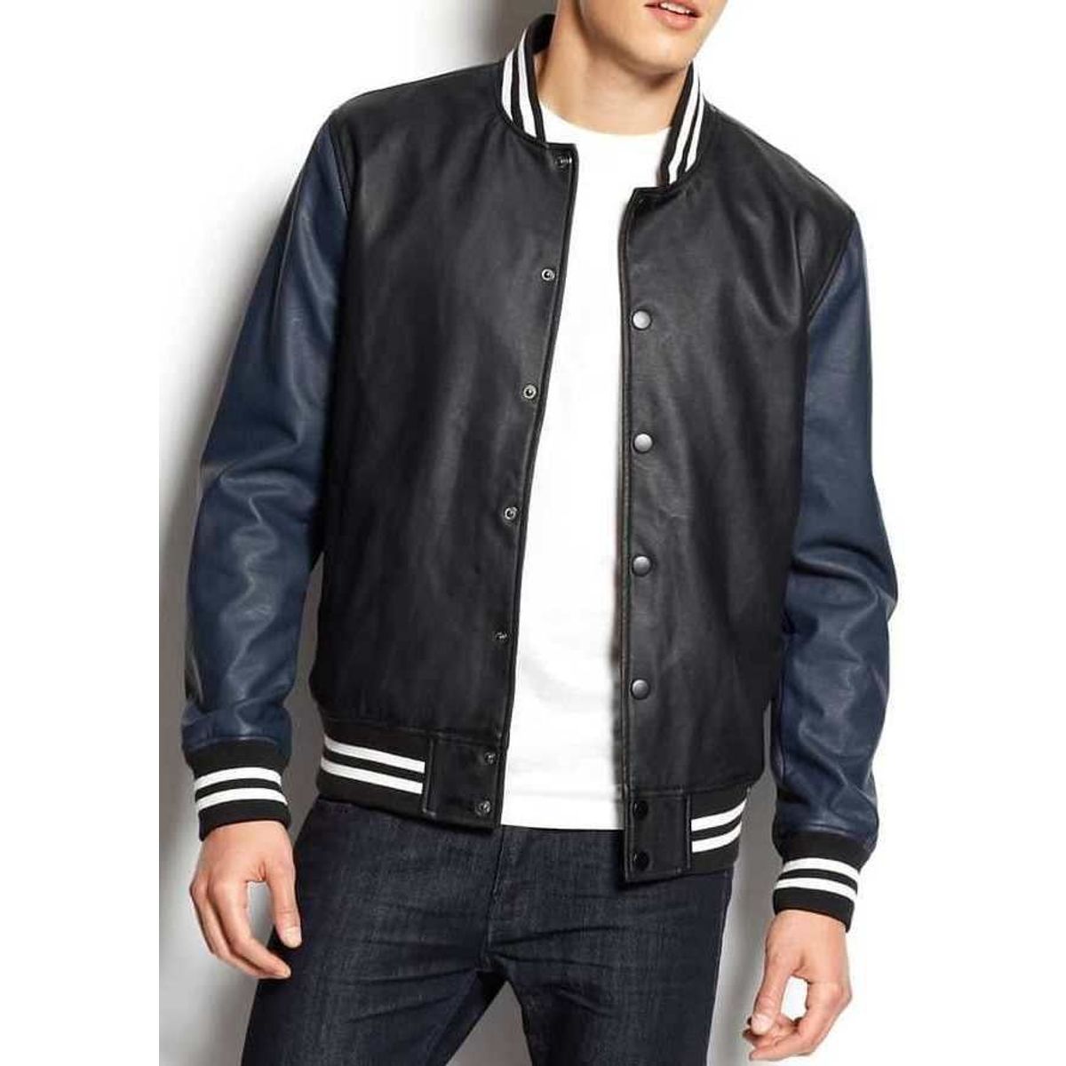 URBAN PLUS - Chaqueta hombre beisbolera negra azul cuero sintético