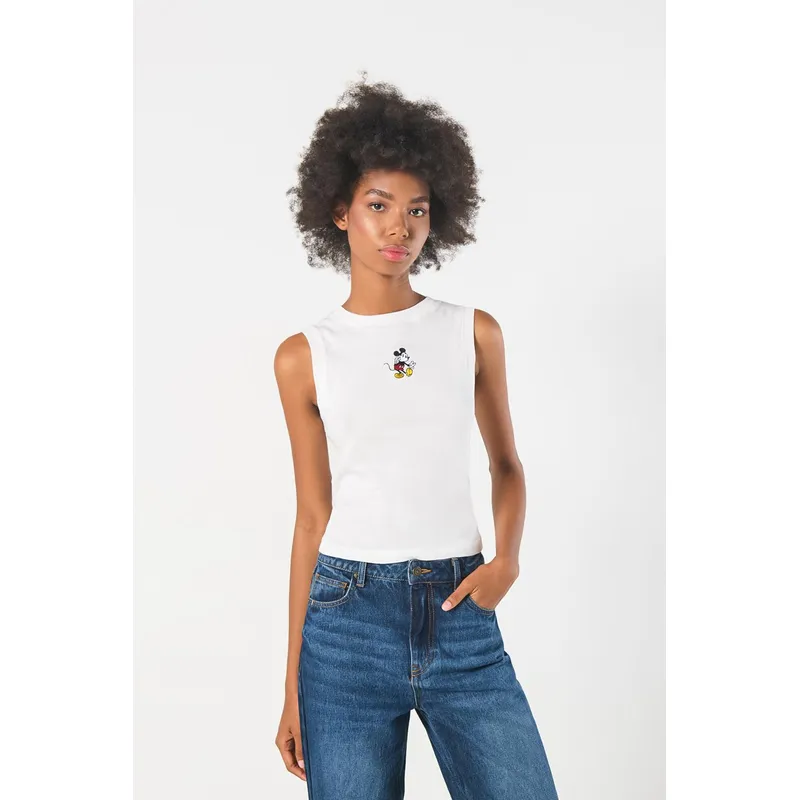 KOAJ - KOAJ Camiseta manga sisa crema clara con estampado de Mickey Mujer