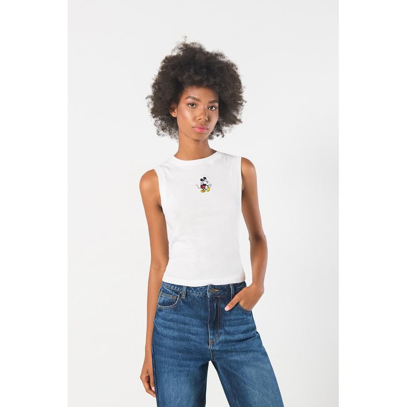KOAJ - KOAJ Camiseta manga sisa crema clara con estampado de Mickey MUJER