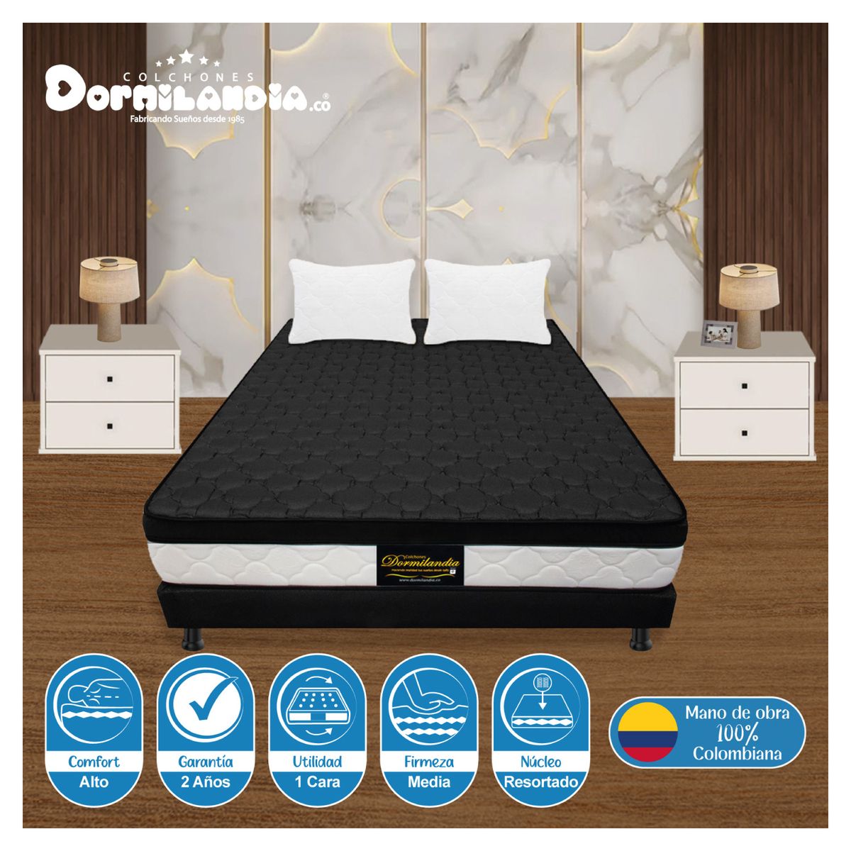 DORMILANDIA - Combo colchón negro king 200x200 resortado dublín+base cama+almohadas