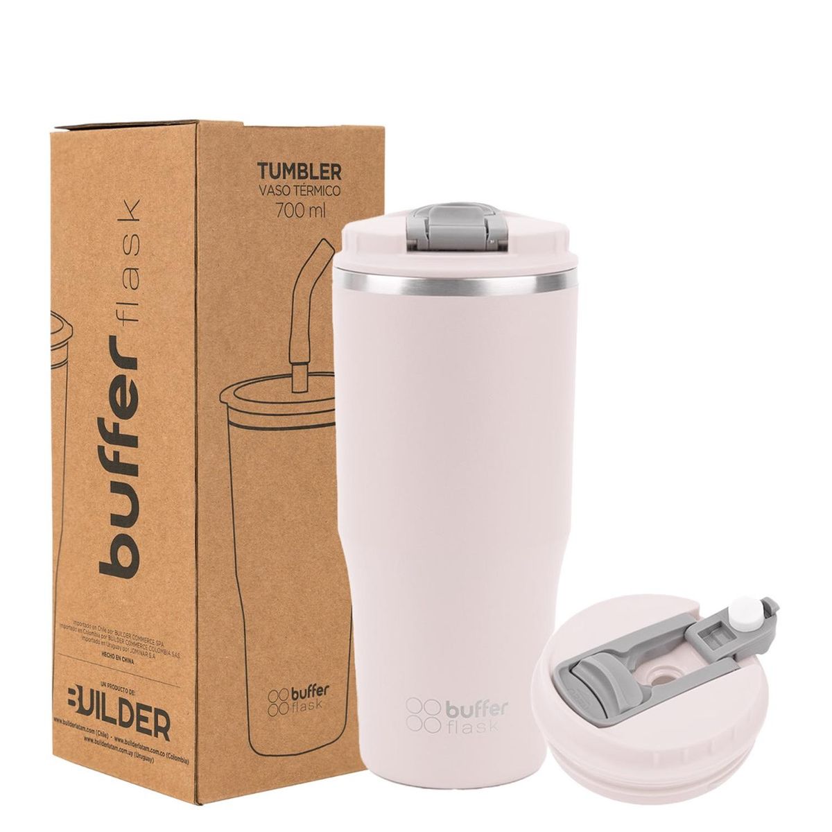 BUFFER FLASK - Mug Vaso Termo Agua Cafe 700 Acero Inox + Tapas - Rosa claro