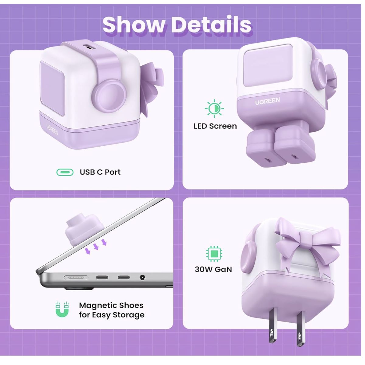 UGREEN - Cargador Purpura Ugreen Nexode Robot 30w Usb-c Pd Gan Rápido Seguro