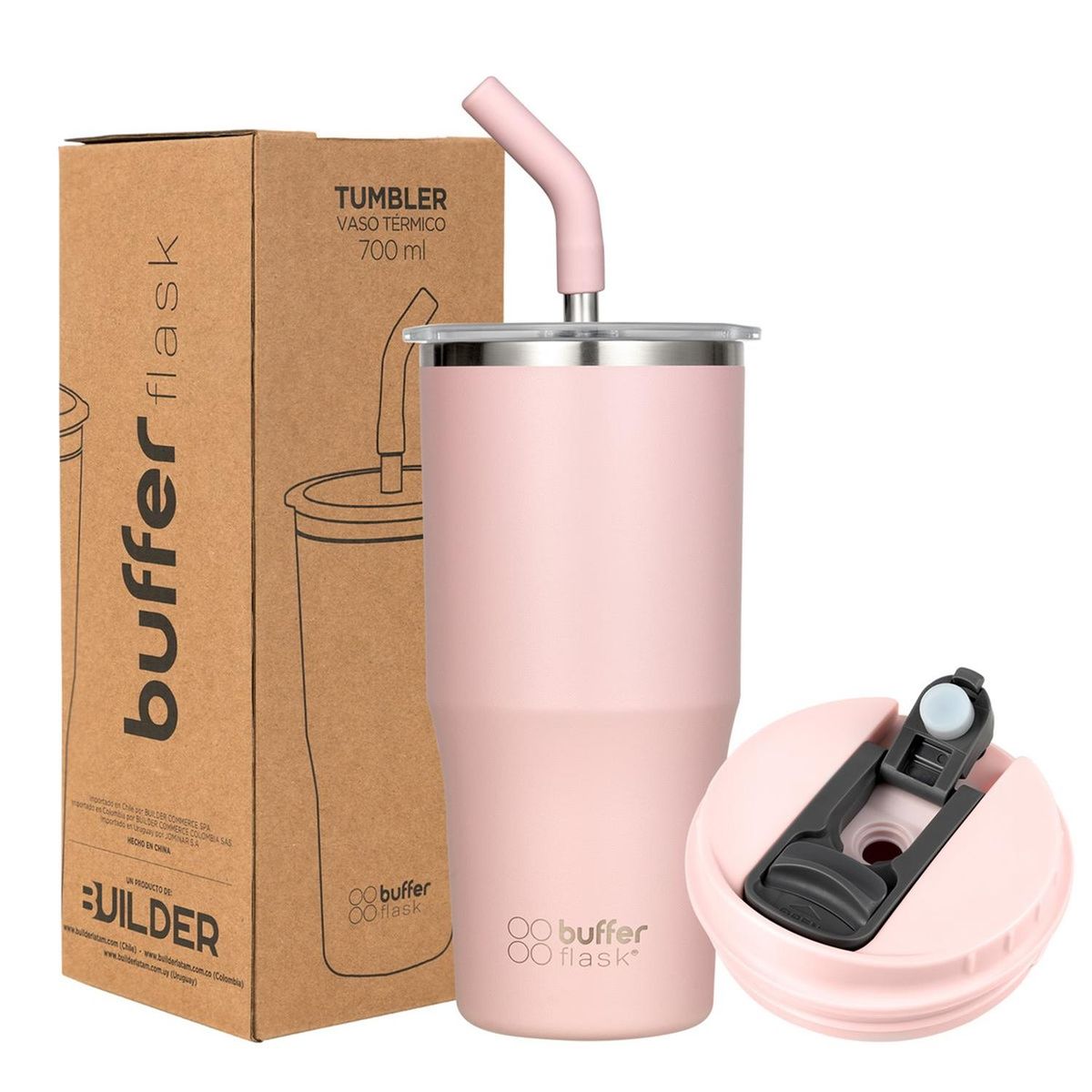 BUFFER FLASK - Mug Vaso Termo Agua Cafe 700 Acero Inox + Tapas - Rosa