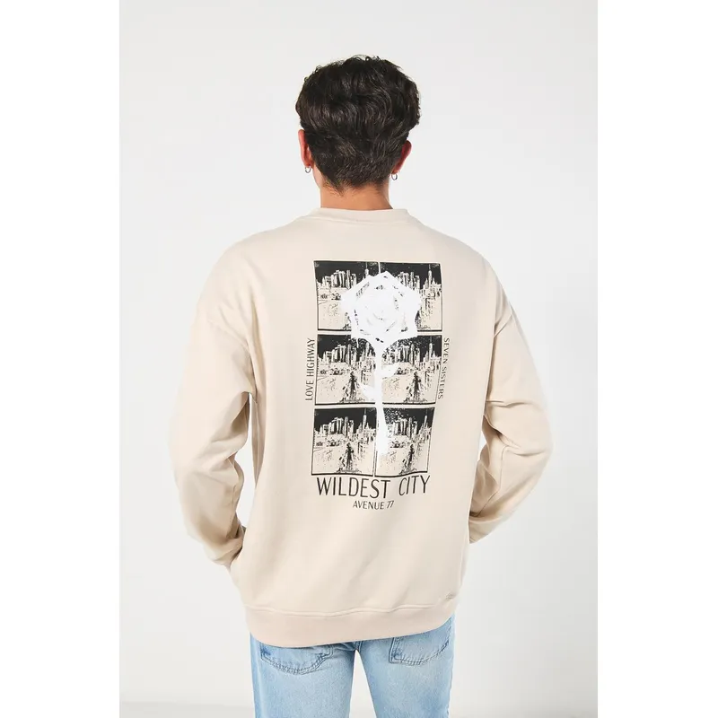 KOAJ - KOAJ Buzo oversize kaki cuello redondo con diseños urbanos Hombre