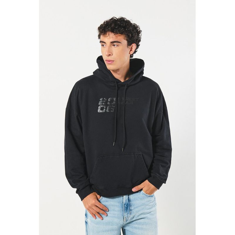 KOAJ - KOAJ Buzo oversize negro estampado con bolsillo y capota HOMBRE