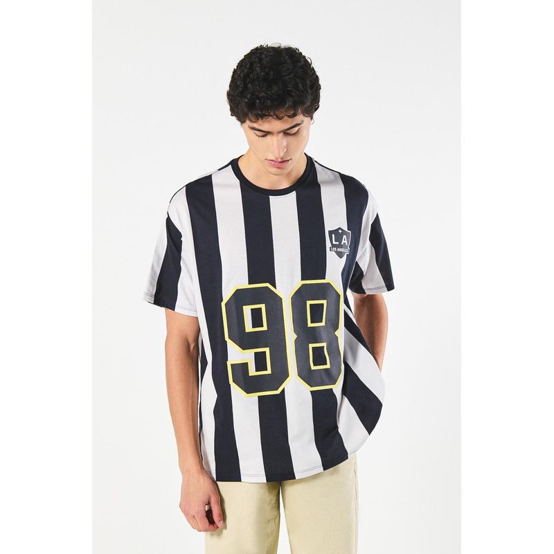 KOAJ - KOAJ Camiseta manga corta azul a rayas oversize con arte colle HOMBRE