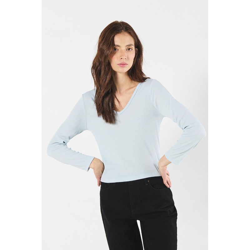 KOAJ - KOAJ Camiseta con cuello V unicolor y manga larga MUJER