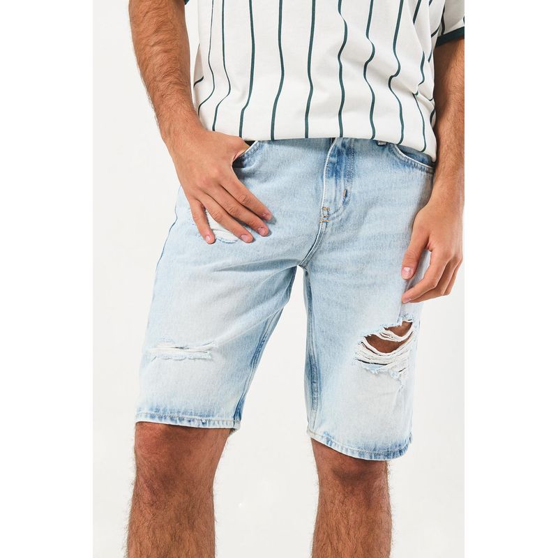 KOAJ - KOAJ Bermuda tiro bajo en jean azul slim con rotos delanteros HOMBRE