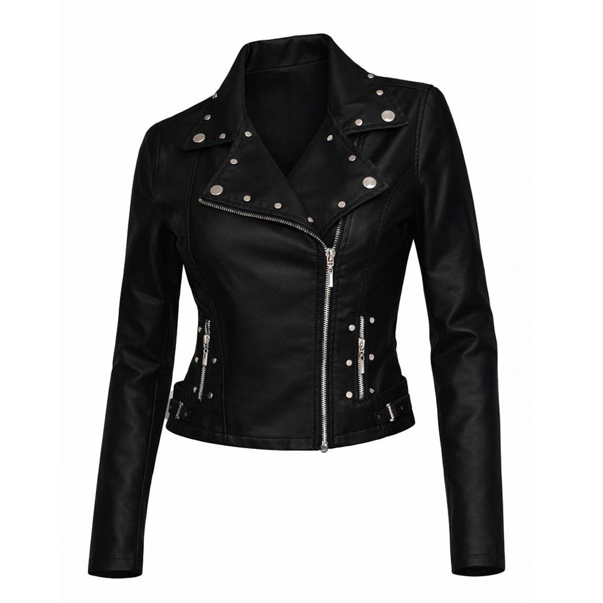 MODA EN CIRCUITO - Chaqueta Cruzada Cuero - tex Corta para  Mujer Con Taches