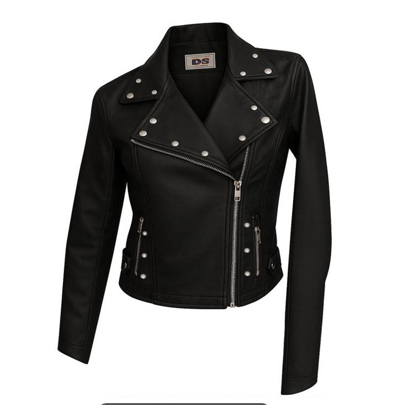 MODA EN CIRCUITO - Chaqueta Cruzada Cuero - tex Corta para  Mujer Con Taches