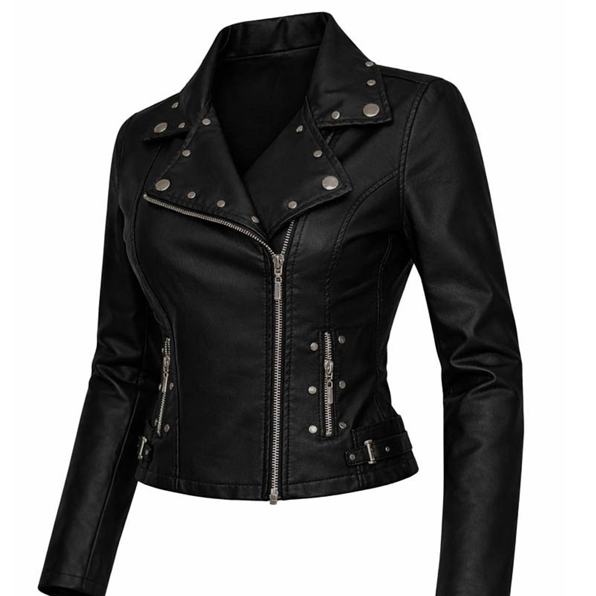 MODA EN CIRCUITO - Chaqueta Cruzada Cuero - tex Corta para  Mujer Con Taches