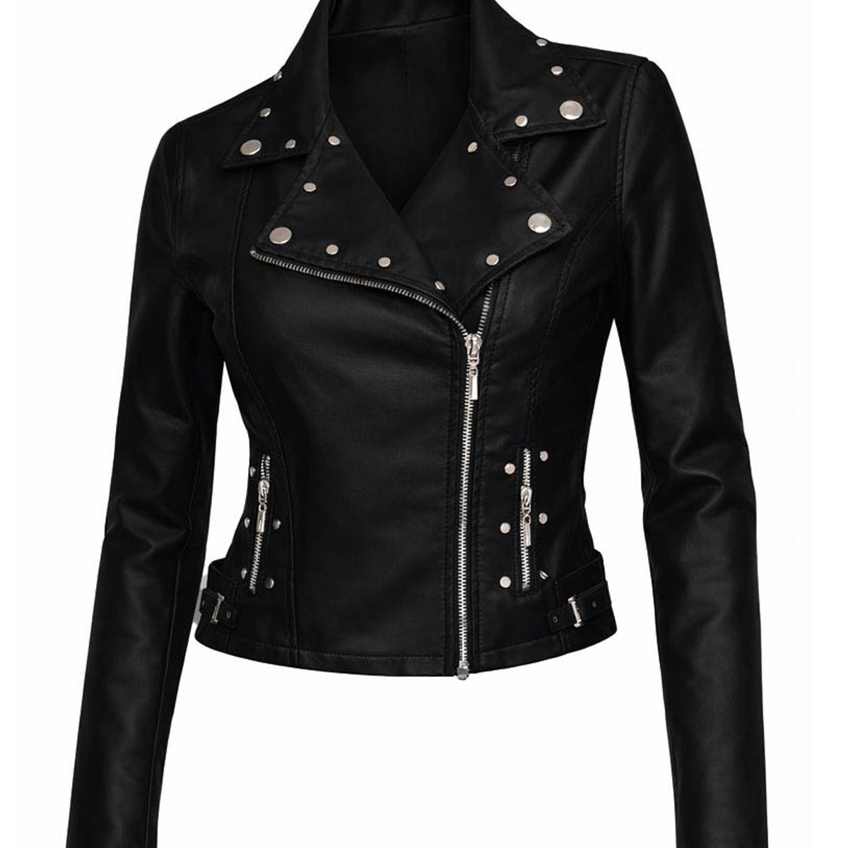 MODA EN CIRCUITO - Chaqueta Cruzada Cuero - tex Corta para  Mujer Con Taches