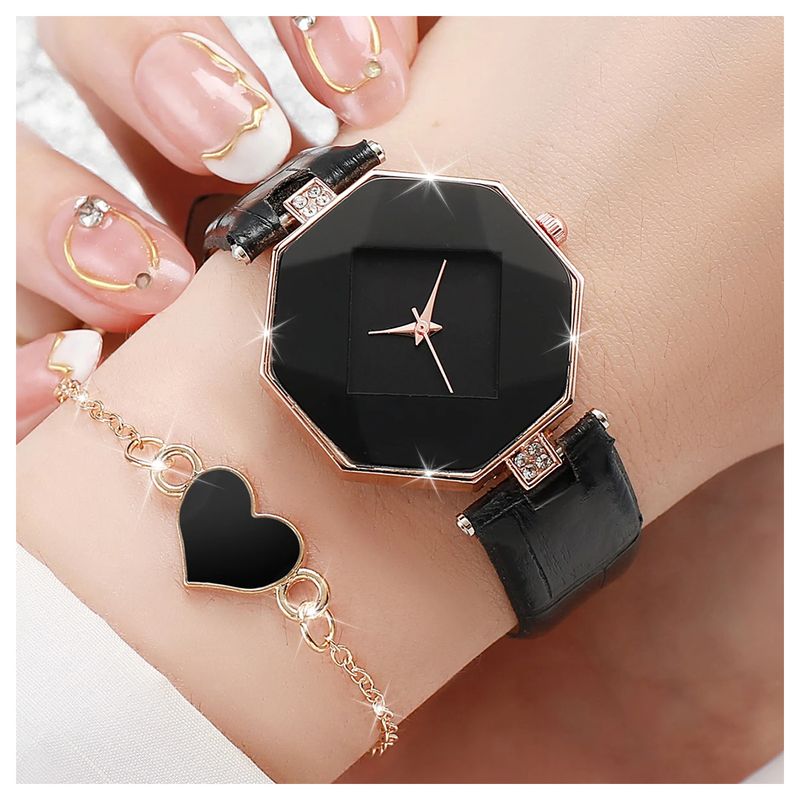 GENERICO - Elegante Reloj de Cuarzo + Pulsera + Cadena + Aretes - Negro