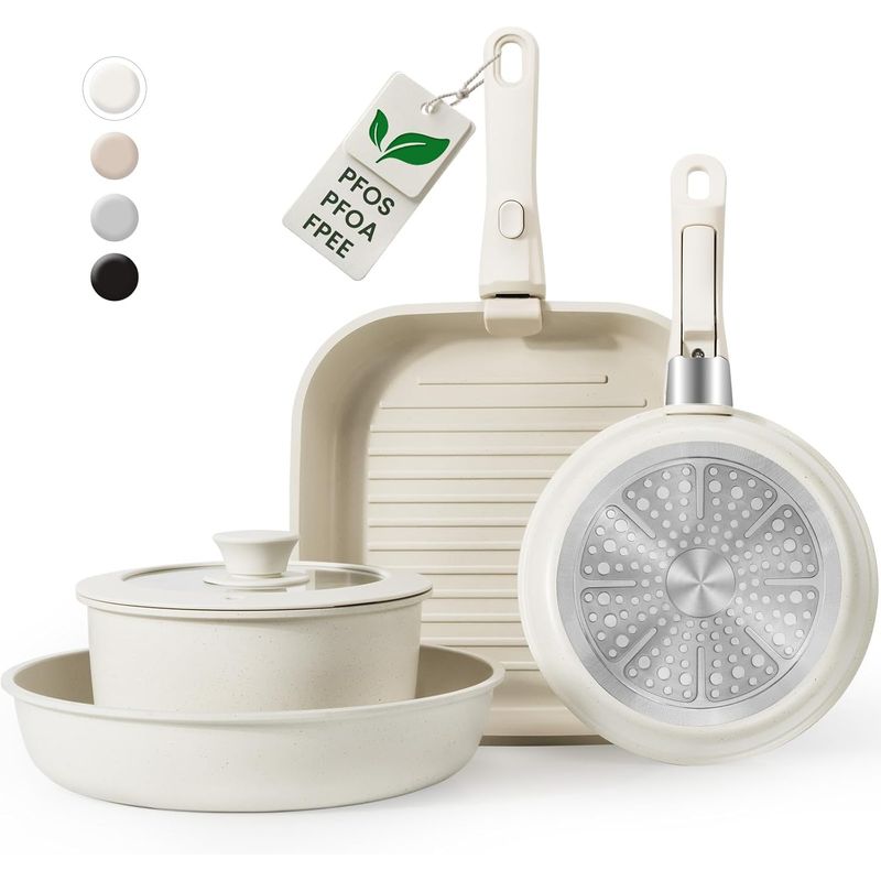 KOBALT - Juego de Ollas y sartenes antiadherentes color beige 7 piezas