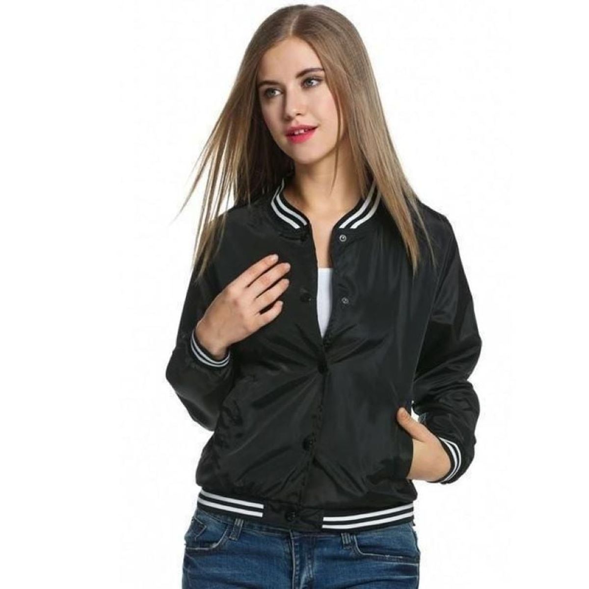 URBAN PLUS - CHAQUETA MUJER BOMBER NEGRA BOTON