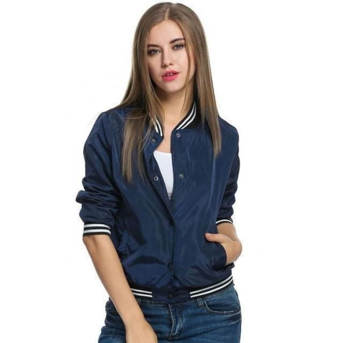 URBAN PLUS - chaqueta mujer bomber azul oscura boton
