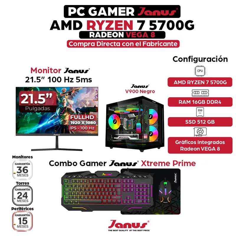 JANUS - Computador Gamer Ryzen 7 5700G RAM 16GB SSD 512GB Monitor 22 Pulgadas 100Hz