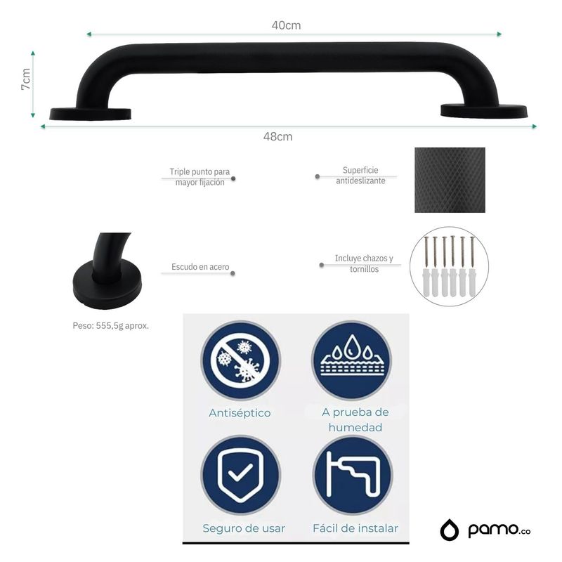 PAMO - Barra de Seguridad en Acero Grafilada Negra 40cm  Alta Calidad
