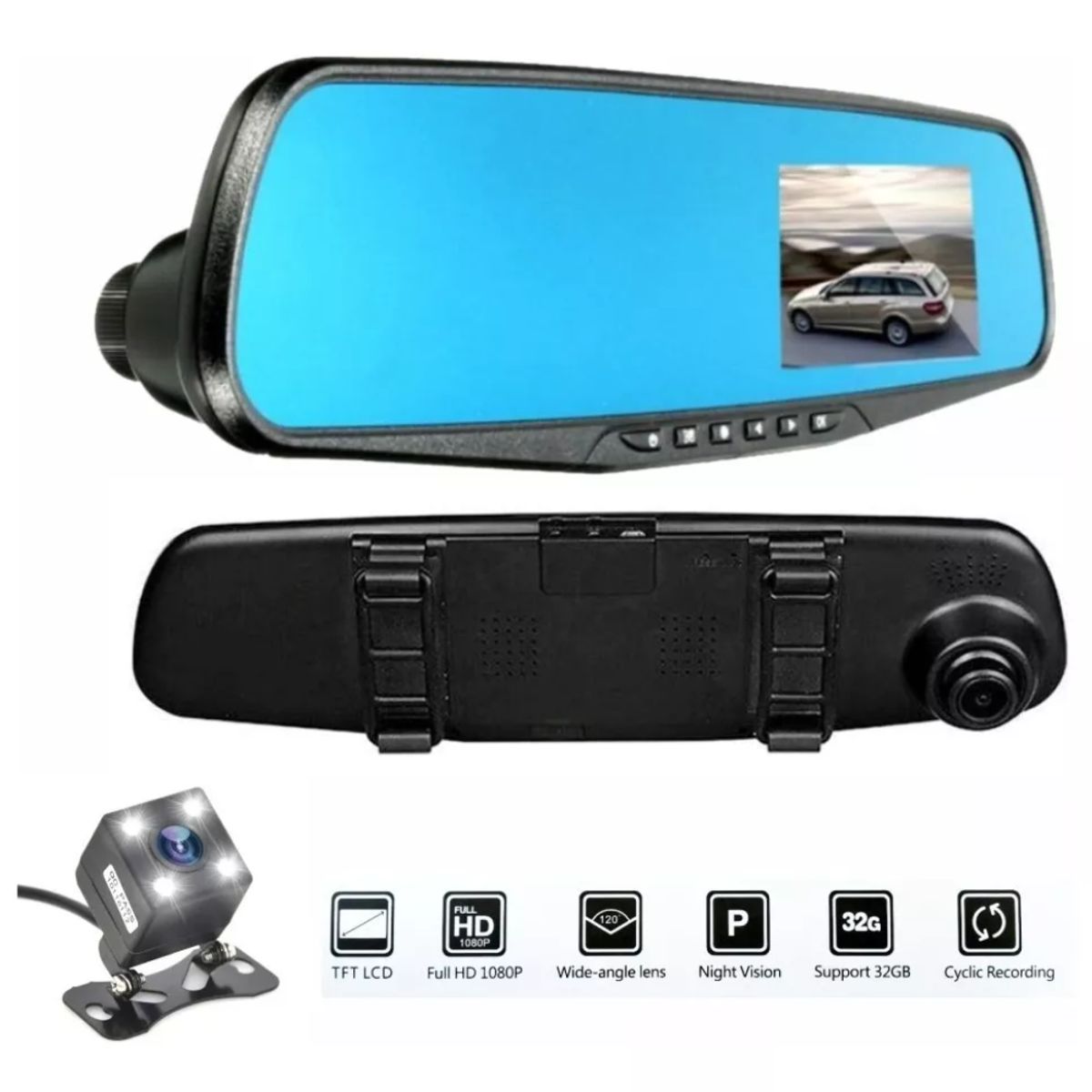 GENERICO - Espejo Retrovisor Con Cámara Dual Full Hd Frontal Y Trasera