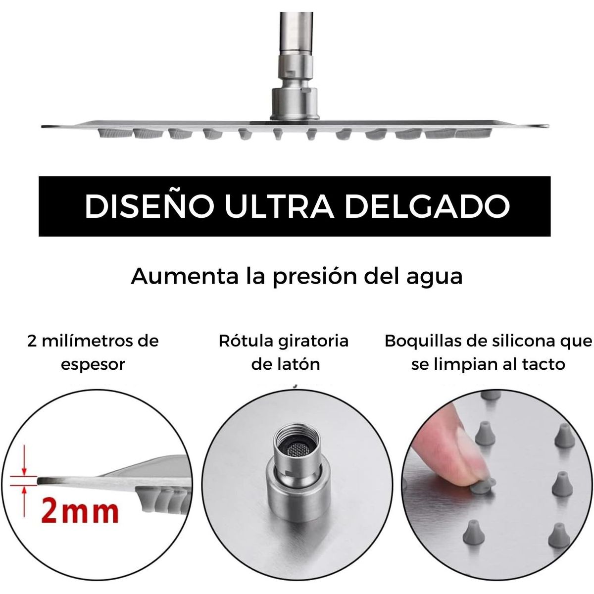 PAMO - Regadera Acero Ultraplana 20 cms Redonda Alta Calidad Sin Tubo