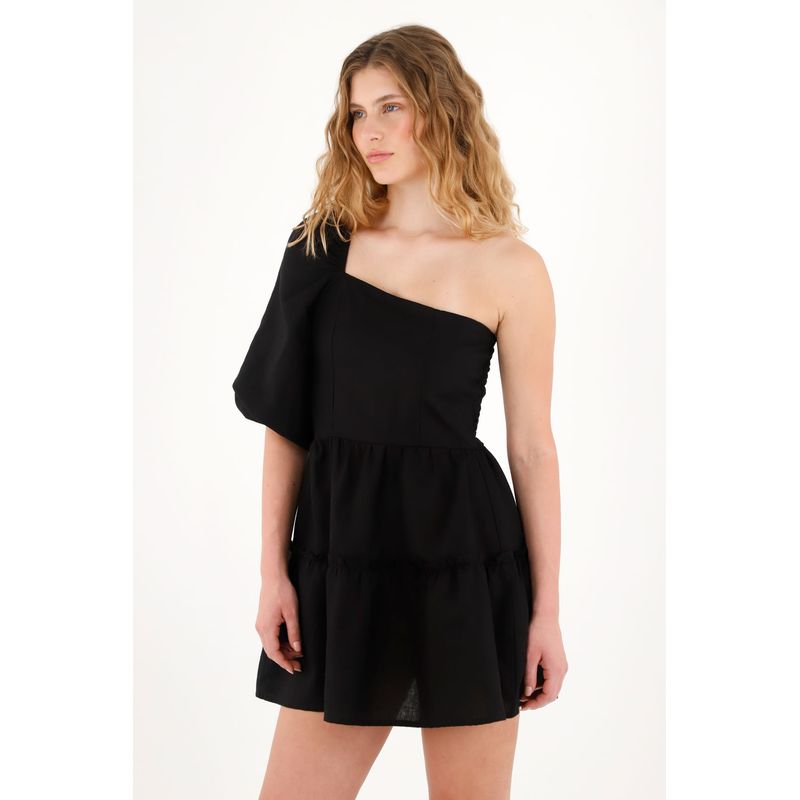 TENNIS - Vestido corto en 100% lino negro para mujer