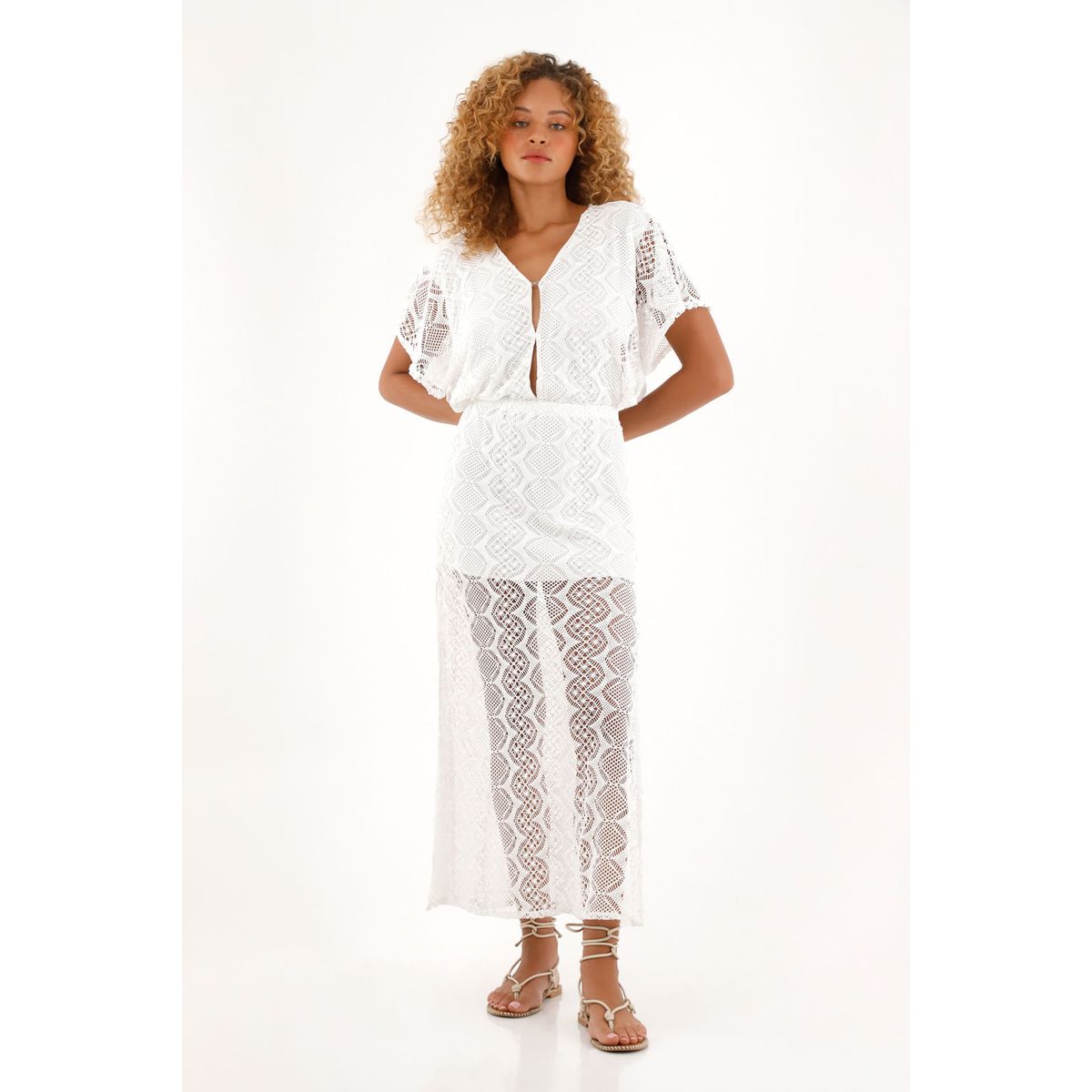 TENNIS - Vestido largo crudo con escote en V para mujer