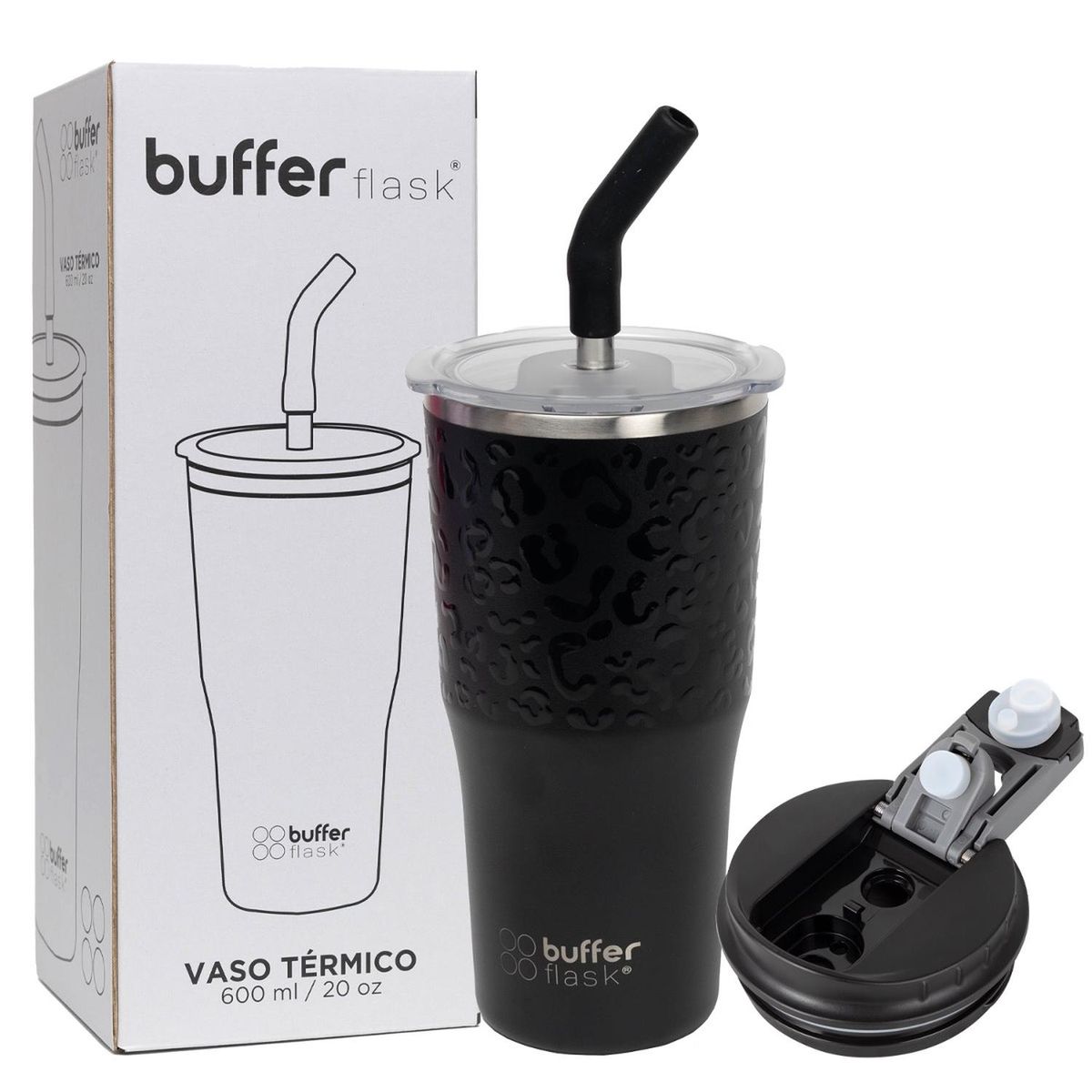 BUFFER FLASK - Mug Vaso Termo Agua Cafe 570ml Buffer Acero Inox + Tapas - Negro
