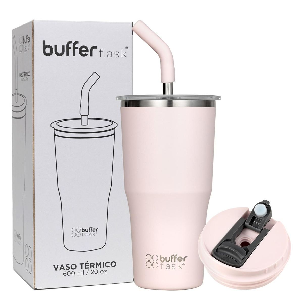 BUFFER FLASK - Mug Vaso Termo AguaCafe 570 Acero Inox+Tapas - Rosa claro