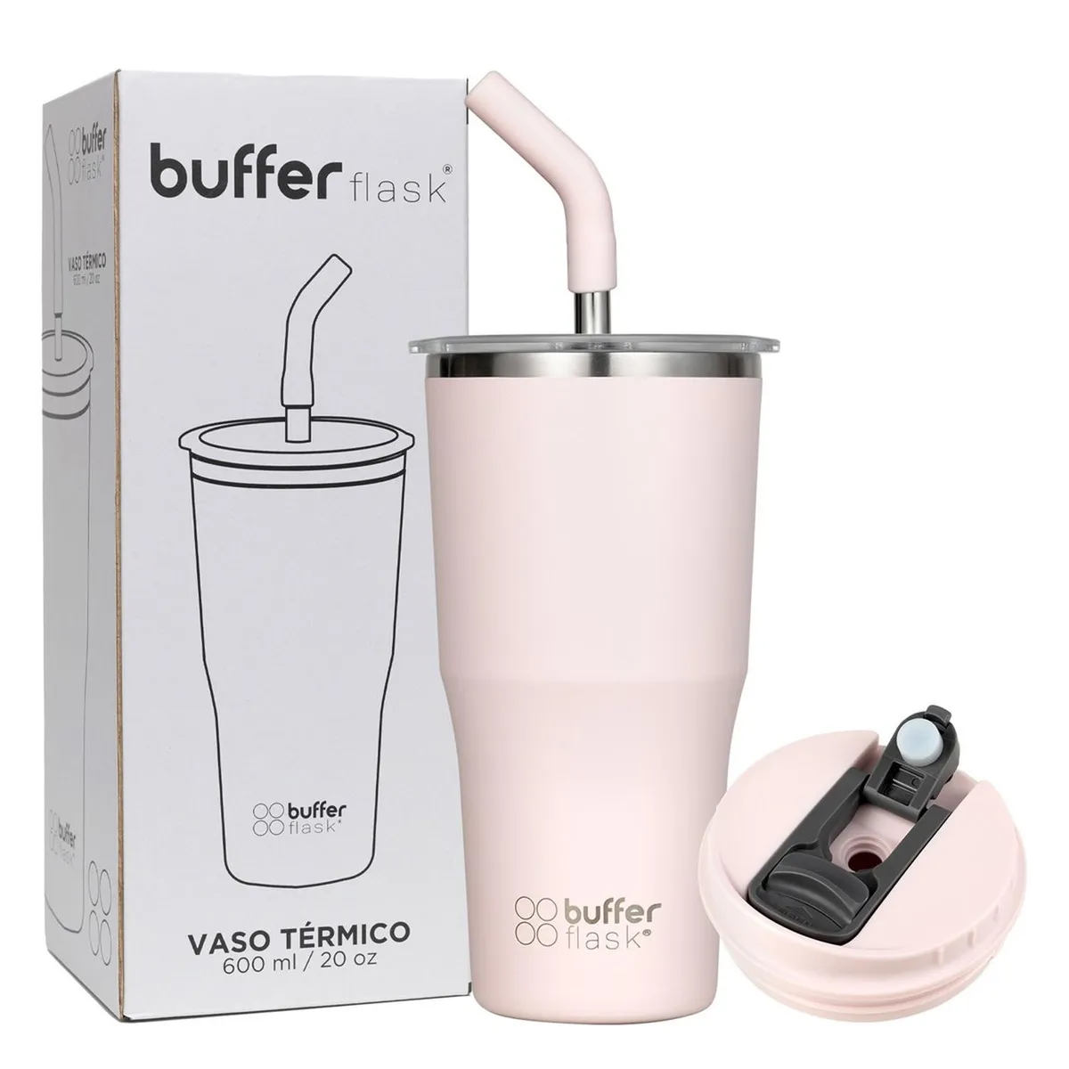 BUFFER FLASK - Mug Vaso Termo AguaCafe 570 Acero Inox+Tapas - Rosa claro