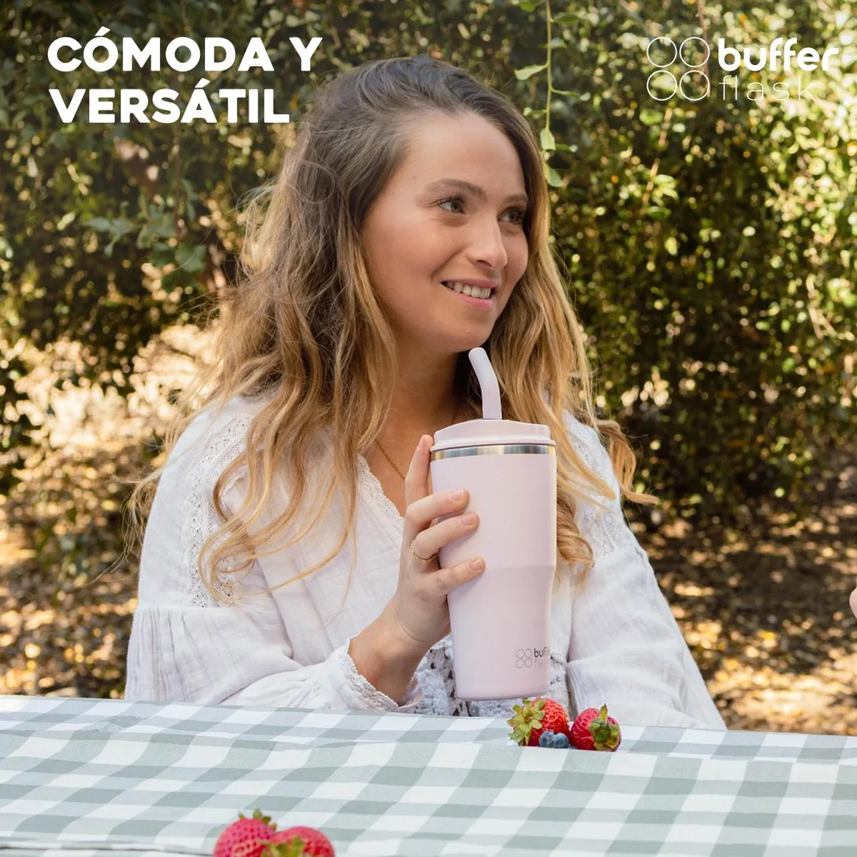 BUFFER FLASK - Mug Vaso Termo AguaCafe 570 Acero Inox+Tapas - Rosa claro