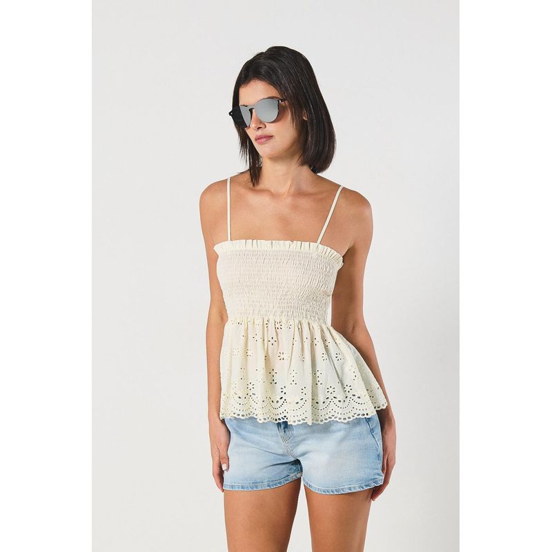 KOAJ - KOAJ BLUSA UNICOLOR EN TELA BORDADA CON TIRAS Y ENCAUCHADA. MUJER