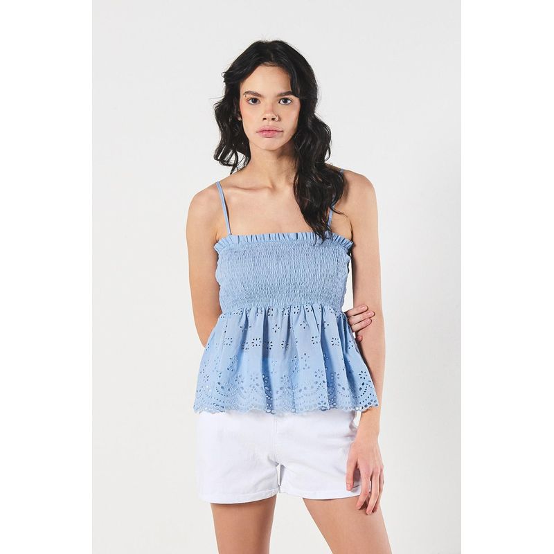 KOAJ - KOAJ BLUSA UNICOLOR EN TELA BORDADA CON TIRAS Y ENCAUCHADA. MUJER