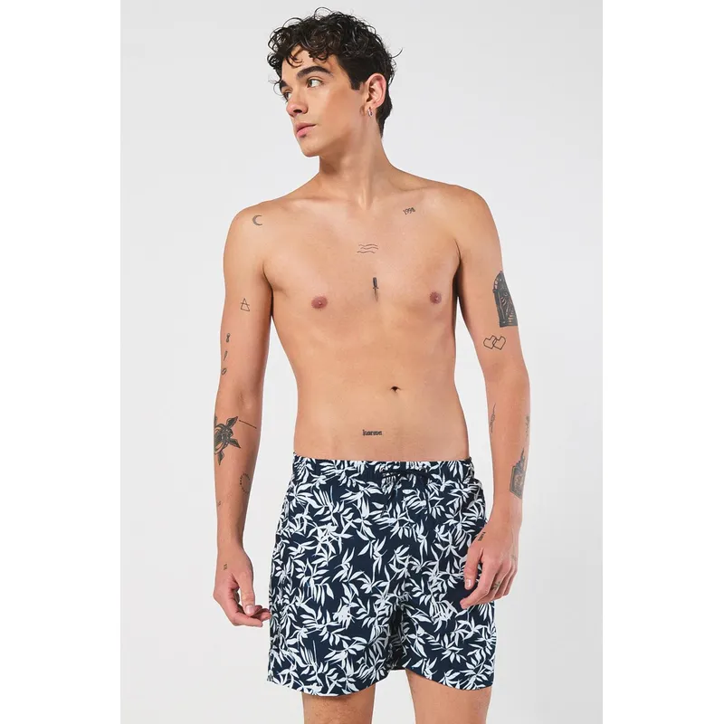 KOAJ - KOAJ Bermuda azul intensa playera con tiro bajo y hojas blan Hombre
