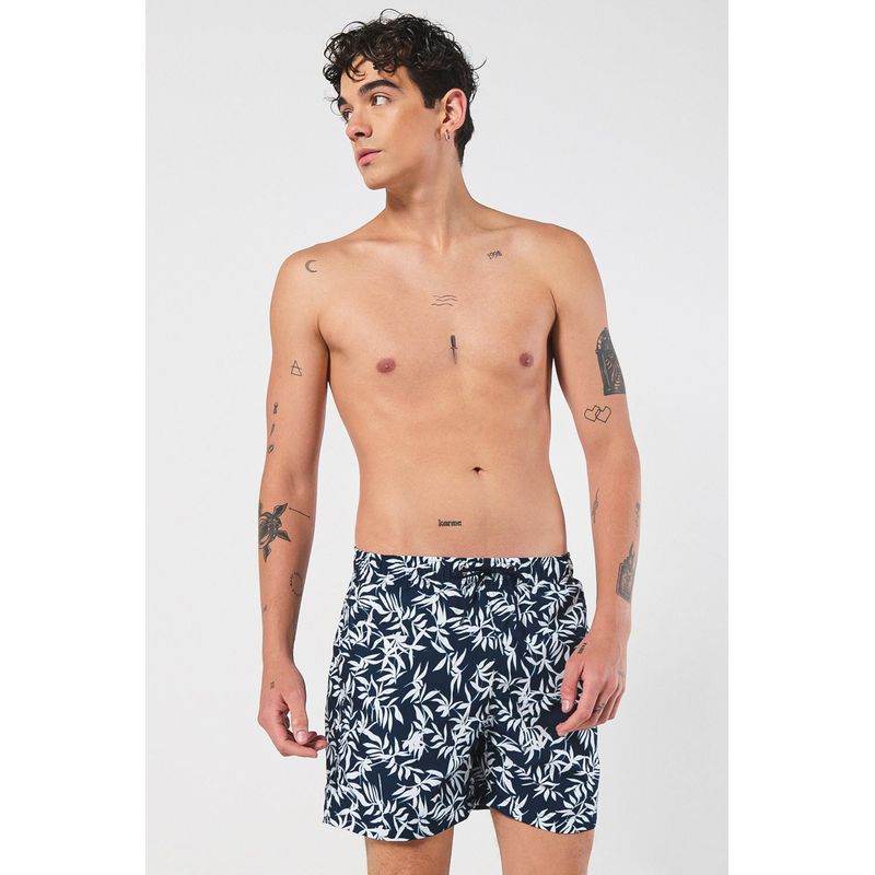 KOAJ - KOAJ Bermuda azul intensa playera con tiro bajo y hojas blan Hombre