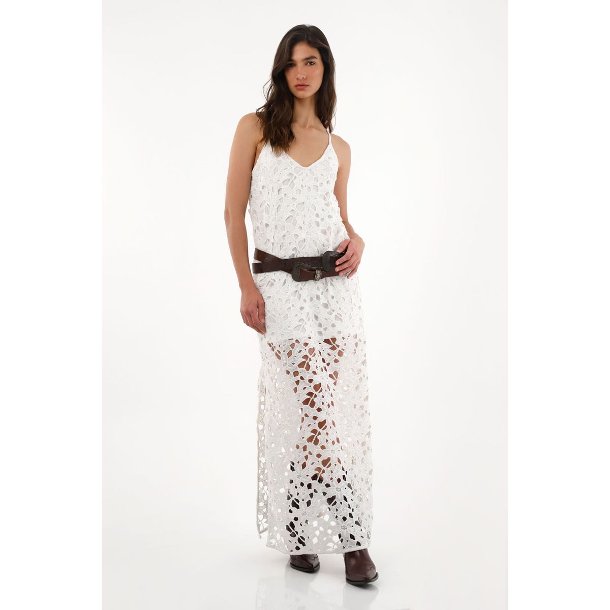 TENNIS - Vestido largo tejido con aberturas crudo para mujer