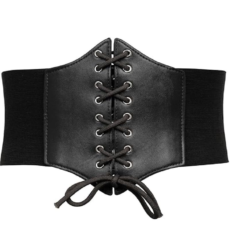 GENERICO - Cinturón de cuero sintético negro para mujer con cordones Corset